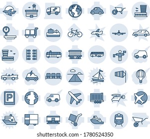 Blue tint and shade editable vector line icon set - plane vector, baggage conveyor, airport bus, parking, train, building, traffic controller, runway, waiting area, side wind, seats, wheelbarrow