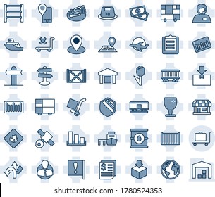 Blue tint and shade editable vector line icon set - baggage trolley vector, route, signpost, navigation, earth, pin, railroad, important flag, store, plane, satellite, cash, support, client, receipt