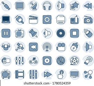 Blue tint and shade editable vector line icon set - satellite antenna vector, clapboard, film frame, reel, vinyl, flame disk, radio, speaker, tv, gamepad, settings, video camera, network, headphones