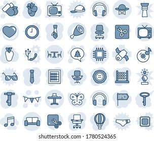 Blue tint and shade editable vector line icon set - cafe vector, tv, vip waiting area, gloves, merry christmas message, flag garland, office chair, tie, stamp, butterfly, real heart, satellite, cut