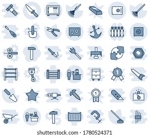 Blue tint and shade editable vector line icon set - passport control vector, safe, terrorism, trowel, rake, pruner, hoe, cargo container, rack, application, knife, radiator, work, gold medal, star