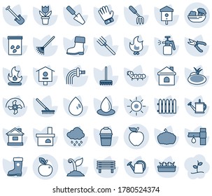 Blue tint and shade editable vector line icon set - flower in pot vector, trowel, garden fork, shovel, farm, ripper, fence, rake, watering can, bucket, sproute, pruner, glove, boot, fire, house, sun
