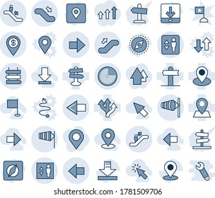 Blue tint and shade editable vector line icon set - elevator vector, escalator, left arrow, wind, radar, up, down, sign post, right, side, route, signpost, pin, download, place tag, compass, dollar