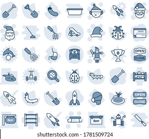 Blue tint and shade editable vector line icon set - trap truck vector, santa claus, christmas hat, sleigh, elf, job, garden fork, shovel, lady bug, caterpillar, pond, bacteria, stomach, medical mask