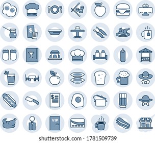 Blue tint and shade editable vector line icon set - tea vector, coffee, waiter, restaurant table, cafe, cook hat, wine card, drink, phyto bar, beer, plates, bacon, salt and pepper, bread, building