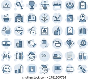Blue tint and shade editable vector line icon set - arrival vector, baggage conveyor, baby room, female wc, santa claus, garland, lollipop, ski, office building, growth statistic, seedling, glove