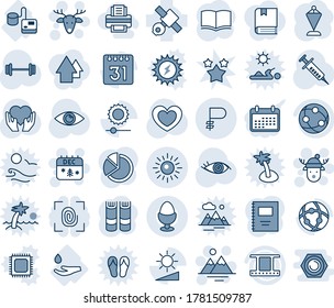 Blue tint and shade editable vector line icon set - sun vector, christmas calendar, deer, mountains, hat, book, pennant, heart, syringe, barbell, hand, eye, tonometer, drop, satellite, film frame