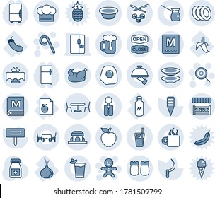 Blue tint and shade editable vector line icon set - cafe vector, cake man, lollipop, sickle, plant label, pills bottle, diet list, banana, eggplant, onion, milk, fridge, waiter, restaurant table