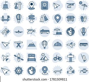 Blue tint and shade editable vector line icon set - airport bus vector, passport, plane, helicopter, suitcase, client bell, picnic table, bike, hospital bed, route, signpost, place tag, mountains