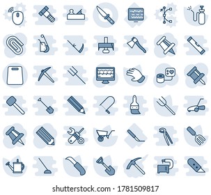 Blue tint and shade editable vector line icon set - drawing pin vector, pencil, garden fork, shovel, farm, watering can, wheelbarrow, glove, knife, sprayer, monitor pulse, blood pressure, diagnostic