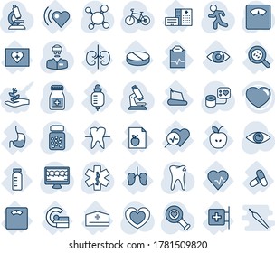 Tinta azul y sombra editable conjunto de iconos de línea vector - vector cardíaco, pulso de monitor, molécula, presión sanguínea, diagnóstico, microscopio, báscula, botella de pastillas, estrella de ambulancia, bicicleta, correr, caries, ojo, manzana