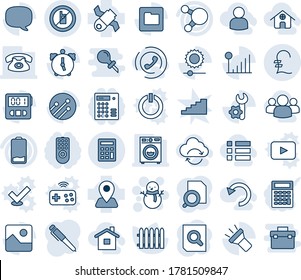 Blue tint and shade editable vector line icon set - no mobile sign vector, snowman, document search, fence, navigation, satellite, share, low battery, message, gallery, alarm, stopwatch, network