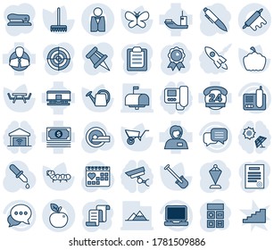 Blue tint and shade editable vector line icon set - contract vector, calculator, pennant, medal, pen, shovel, rake, watering can, wheelbarrow, butterfly, pumpkin, caterpillar, picnic table, dropper