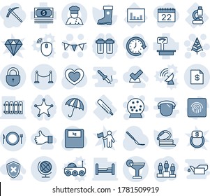 Blue tint and shade editable vector line icon set - fence vector, umbrella, lock, plate spoon fork, globe, christmas tree, snowball, flag garland, pedestal, boot, hose, heart, scales, scalpel, lab