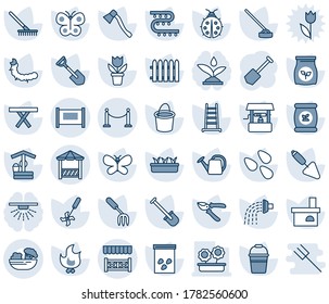 Blue tint and shade editable vector line icon set - fence vector, job, flower in pot, trowel, garden fork, shovel, rake, ladder, watering can, bucket, pruner, butterfly, lady bug, fire, seedling