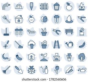 Blue tint and shade editable vector line icon set - flower in pot vector, trowel, farm fork, fence, rake, ladder, seedling, tree, watering can, sproute, pruner, lady bug, fire, house, water drop