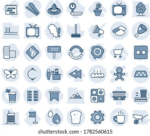 Blue tint and shade editable vector line icon set - taxi vector, tv, clouds, airport building, passport control, plane seats, cake man, stamp, rake, butterfly, plant label, flag, railroad, settings