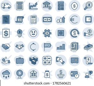 Blue tint and shade editable vector line icon set - handshake vector, calculator, abacus, receipt, euro, cent, dollar, big cash, money rain, safe, smile, bank, account, investment, pay, history, ipo