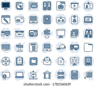Tinta azul y sombra editable conjunto de iconos de la línea del vector - vector del pasaporte, identidad, envío de señas, encuadernador de oficina, portátil pc, documento, portapapeles de pulso, señalización, monitor, portátil, carpeta, notas, venta, gorro