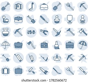 Blue tint and shade editable vector line icon set - suitcase vector, umbrella, stamp, baggage larry, scales, job, shovel, farm fork, pruner, axe, scalpel, fragile, themes, case, ladle, basket, rock