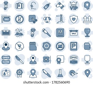 Blue tint and shade editable vector line icon set - parking vector, no mobile, laptop, vip, suitcase, identity, dog, pen, stamp, heart shield, first aid room, medical label, alcohol sign, navigation