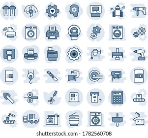 Blue tint and shade editable vector line icon set - coffee machine vector, washer, fork loader, gear, ripper, tomography, mri, heart, atm, printer, copier, crane, water filter, combination lock