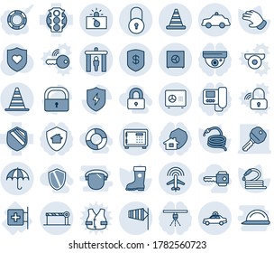 Blue tint and shade editable vector line icon set - security gate vector, alarm car, border cone, safe, plane radar, barrier, insurance, safety, terrorism, road, side wind, lock, glove, boot, hose