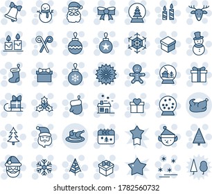 Blue tint and shade editable vector line icon set - christmas tree vector, firework, gift, santa claus, sock, glove, ball, snowflake, candle, bell, bow, cake man, snowman, calendar, deer, house, elf