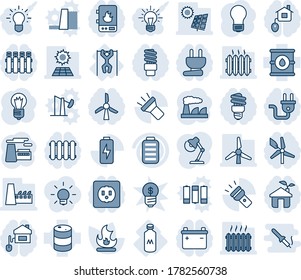 Blue tint and shade editable vector line icon set - bulb vector, factory, fire, pull ups, milk, oil barrel, battery, torch, charge, desk lamp, sun panel, windmill, heater, home control, eco house