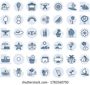 Blue tint and shade editable vector line icon set - cafe vector, sun, suitcase, flower in pot, lady bug, picnic table, pond, pool, fruit tree, restaurant, alcove, sproute, drink, outdoor, starfish