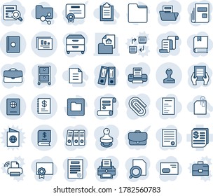Blue tint and shade editable vector line icon set - passport vector, stamp, contract, office binder, document search, receipt, folder, annual report, statistics, case, paper clip, news, printer