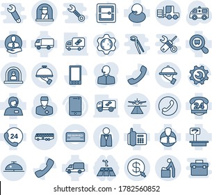 Blue tint and shade editable vector line icon set - runway vector, airport bus, baby room, reception, phone, client bell, officer window, fork loader, ambulance car, doctor, office, 24 hours, cell