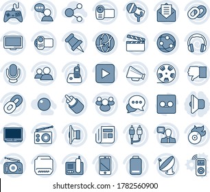 Blue tint and shade editable vector line icon set - satellite antenna vector, clapboard, reel, flame disk, microphone, radio, news, speaker, loudspeaker, gamepad, tv, video camera, network, dialog