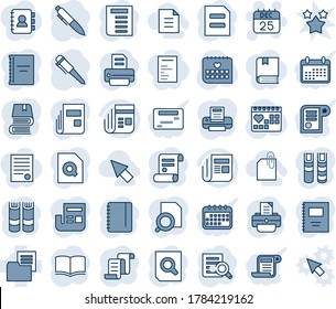 Tinta azul y sombra editable conjunto de iconos de línea vector - 25 dec vector de calendario, contrato, libro, búsqueda de documentos, lápiz, bloc de notas, impresora, médico, carpeta, noticias, cuaderno de copias, cursor, adjunto, programación