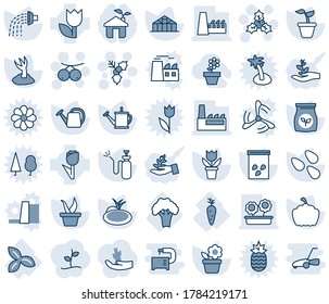 Blue tint and shade editable vector line icon set - holly vector, rowanberry, flower in pot, seedling, watering can, sproute, pumpkin, greenhouse, seeds, pond, garden sprayer, fertilizer, carrot