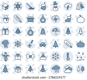 Blue tint and shade editable vector line icon set - storm cloud vector, insurance, clouds, christmas tree, gift, bow, santa claus, sock, glove, ball, snowflake, snowman, hat, sale, rowanberry, rake