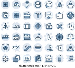 Blue tint and shade editable vector line icon set - dispatcher vector, no smoking, reception, escalator up, baggage room, christmas tree, firework, hierarchy, manager place, statistic monitor, house