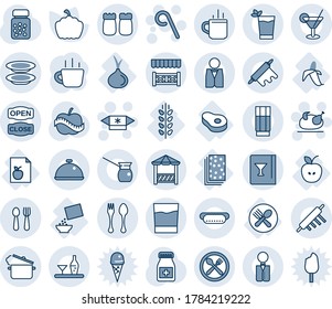 Blue tint and shade editable vector line icon set - hot cup vector, spoon and fork, lollipop, candy, turkey, coffee, pumpkin, pills bottle, diet, list, apple, meat, plate, banana, onion, spica, dish