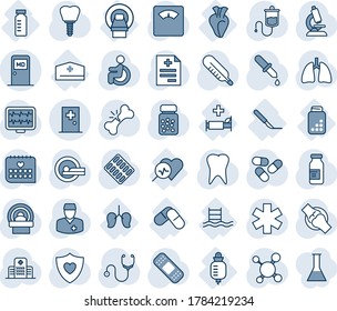 Blue tint and shade editable vector line icon set - medical room vector, first aid, monitor pulse, diagnosis, molecule, stethoscope, dropper, thermometer, microscope, scales, pills, bottle, blister