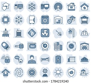 Blue tint and shade editable vector line icon set - bed vector, house, greenhouse, warehouse storage, office building, garage, rent, estate agent, sweet home, smart, city, insurance, alcove, key, pc