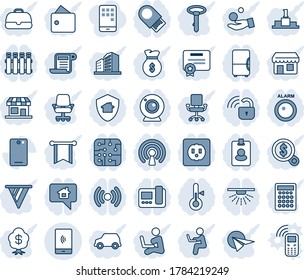 Blue tint and shade editable vector line icon set - phone back vector, mobile payment, chip, socket, wireless lock, web camera, intercome, thermometer, radiator, home protect, fridge, usb flash, car