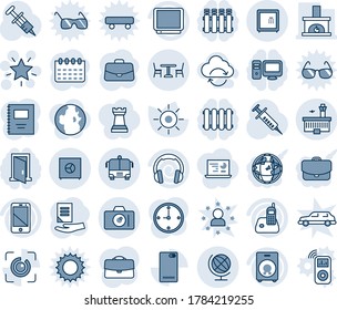 Blue tint and shade editable vector line icon set - cafe vector, camera, airport bus, globe, building, christmas star, case, document, calendar, sun, syringe, tv, cell phone, headphones, radio, back
