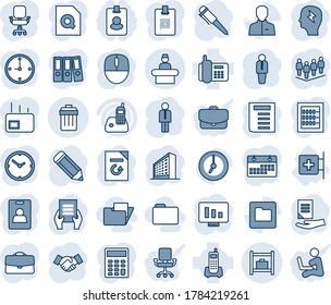 Blue tint and shade editable vector line icon set - reception vector, trash bin, baggage room, manager, handshake, office building, team, mouse, pen, document, brainstorm, statistic monitor, reload