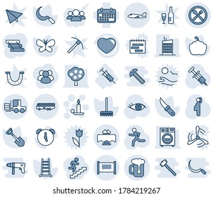 Blue tint and shade editable vector line icon set - fence vector, airport bus, plane, fork loader, candle, shovel, rake, ladder, butterfly, sickle, garden knife, pumpkin, syringe, run, eye, term