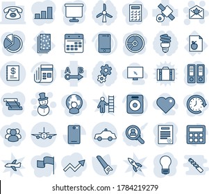 Blue tint and shade editable vector line icon set - safety car vector, plane, snowman, star letter, office binder, bulb, circle chart, saw, diet list, breads, satellite, route, news, cell phone, pie