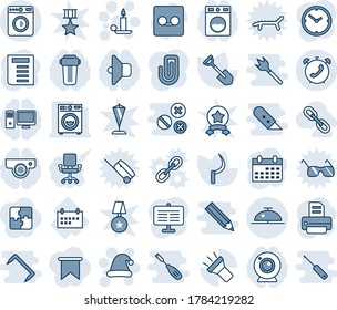 Blue tint and shade editable vector line icon set - washer vector, phone alarm, client bell, candle, christmas hat, document, calendar, printer, shovel, sickle, schedule, record, torch, clock, link