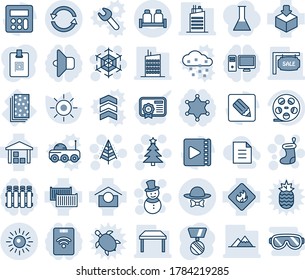Blue tint and shade editable vector line icon set - sun vector, christmas tree, sock, snowflake, snowman, medal, breads, cargo container, warehouse storage, package, flammable, reel, calculator, pc