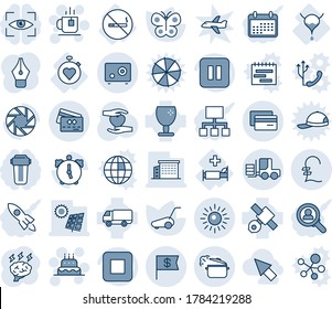 Blue tint and shade editable vector line icon set - fork loader vector, sun, tea, cake, brainstorm, lawn mower, butterfly, heart hand, hospital bed, bladder, no smoking sign, stopwatch, satellite