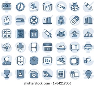 Blue tint and shade editable vector line icon set - runway vector, tv, ladder car, safe, office building, calculator, abacus, money bag, statistic monitor, ripper, wheelbarrow, lady bug, store, cash
