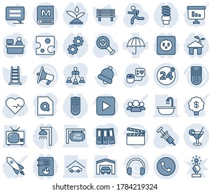 Blue tint and shade editable vector line icon set - 24 around vector, phone, manager place, ladder, bench, heart pulse, syringe, blood pressure, diagnostic, run, umbrella, clapboard, loudspeaker, tv